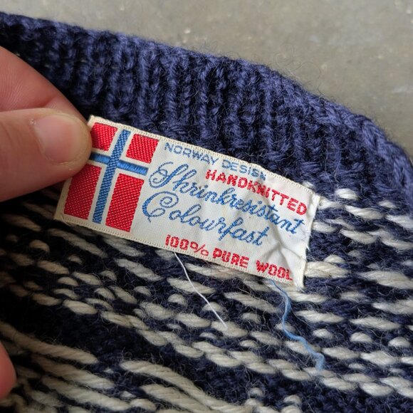 Vintage Norway Design Handknit Blue White Fair Isle Moose Wool Cardigan Sweater - Picture 8 of 10